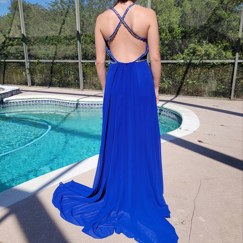 Beautiful blue Prom dress with rhinstone straps size 7
